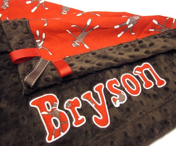 Sock Monkey Baby Blanket Boy Girl Personalized minky by KNHDesigns