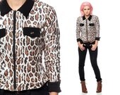 LEOPARD Print Jacket 90s Animal Clueless Peter Pan Collar Zip Up 1990s Top Collared Vintage Hipster Black Trim Cheetah Thin Small Medium