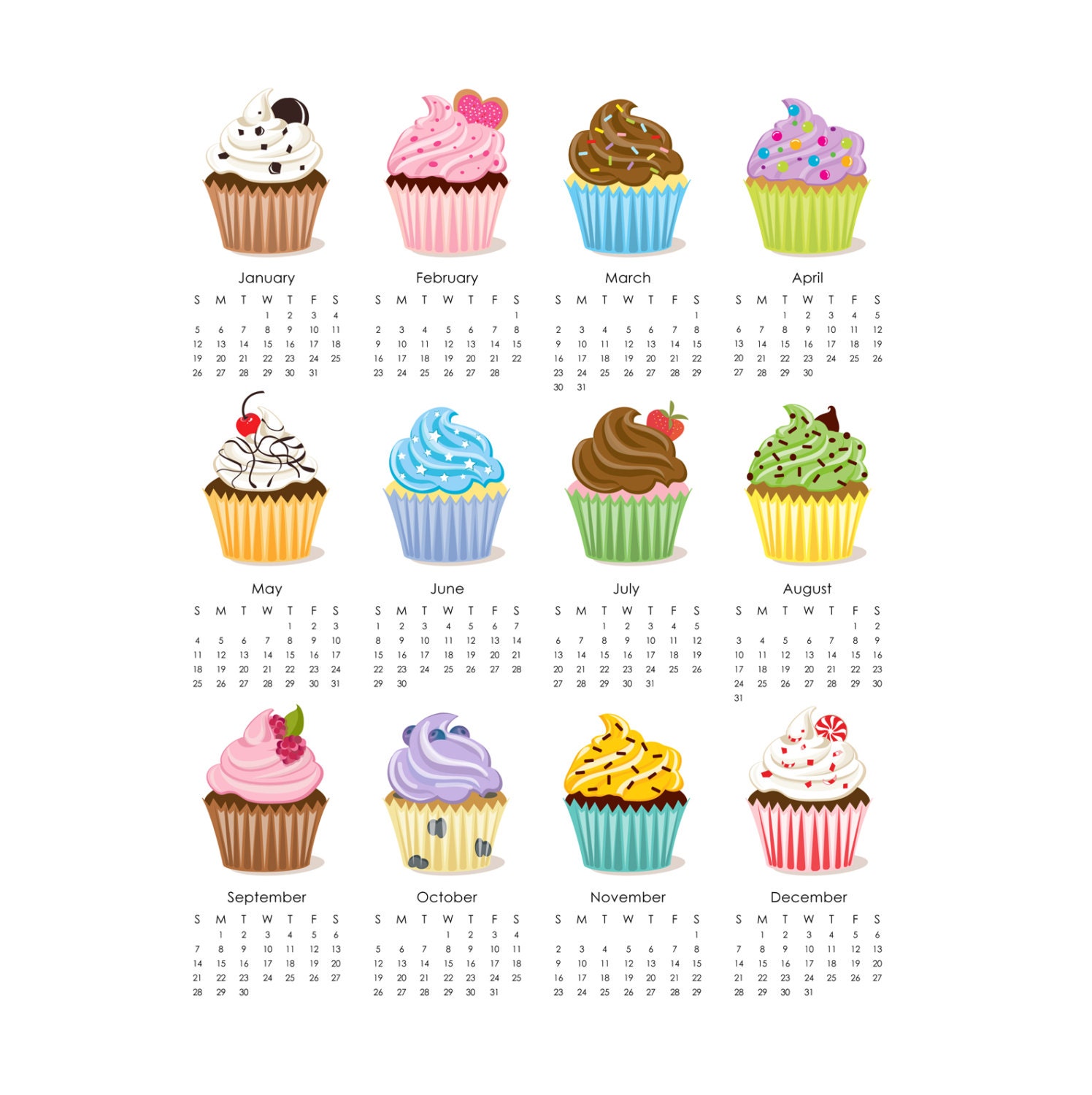 Cupcake 2014 Calendar printable 8x10 by eloycedesigns on Etsy