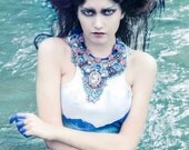 High statement  Blue Necklace , Premonition  - Large Statement Collar Necklace , Bead Embroidered