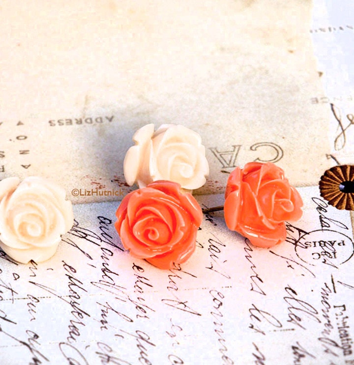 SALE! Light Peach and Coral Resin Rose Posts. Flower Stud Earrings. Valentines Day. - LizHutnick