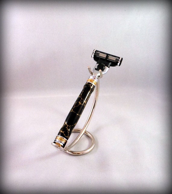 Majestic Mach 3 Razor with Jet Black and Gold Vein Tru-Stone Hand Crafted Handle