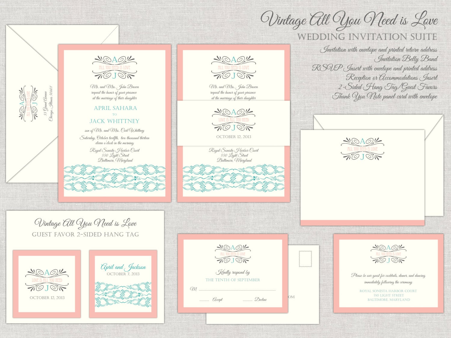 Vintage All You Need is Love Wedding Invitation Suite in Peach Vintage Rose and Teal with Custom Monogram Song Lyrics Beatles Il_570xn
