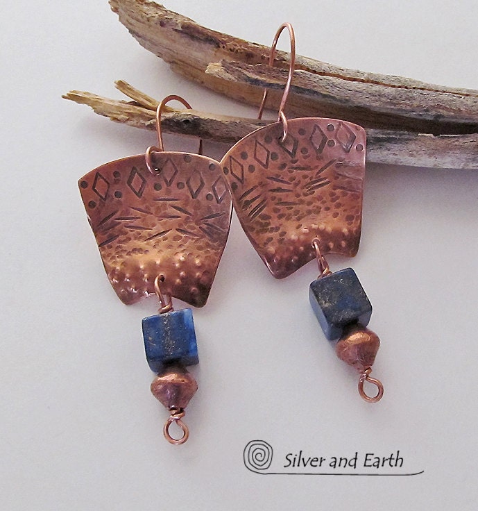 Egyptian Earrings, Copper Dangle Earrings with Lapis Lazuli Gemstones, Egyptian Inspired Jewelry, Blue Lapis Earrings, Metalwork Earrings