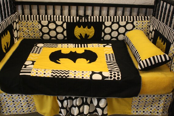 5 pc black chevron dot batman crib bedding by bedbugscreations