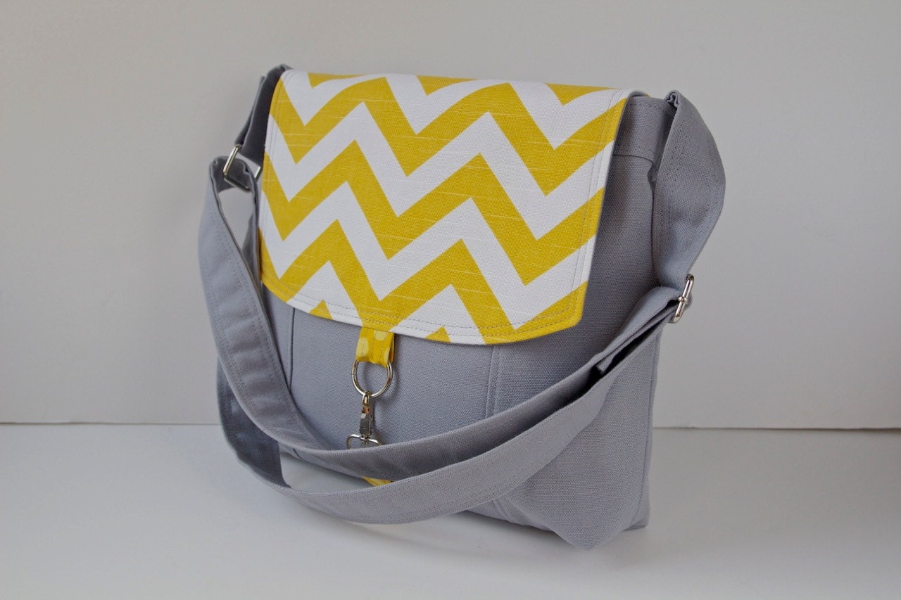 Canvas Messenger Bag in Yellow Chevron with Grey Canvas - ready to ship