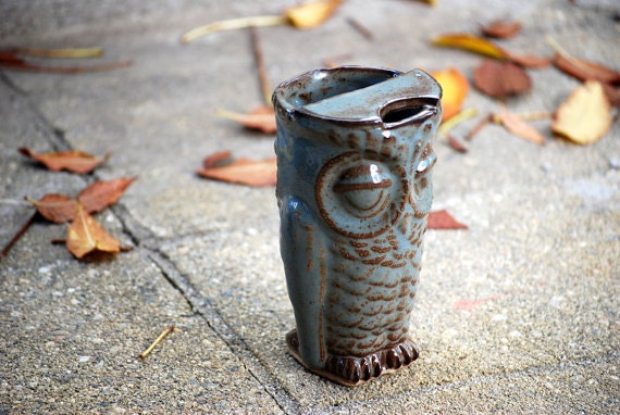Owl travel mug eco friendly handmade ceramic coffee mug - claylicious