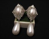 HUGE Vintage Silver Tone Pave Diamond Rhinestone and White Faux Pearl Teardrop Clip Earrings