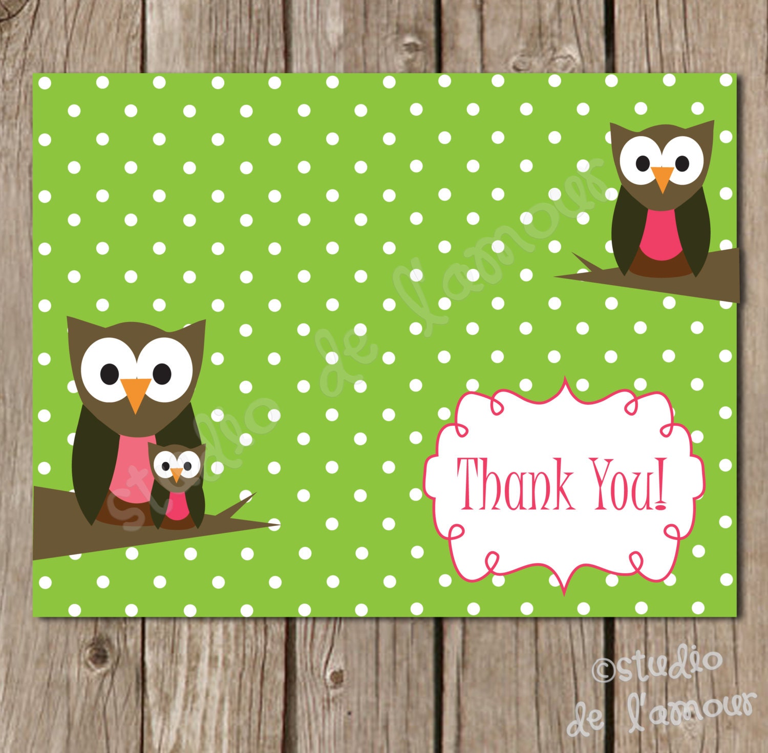 PRINTABLE PDF Lime and Hot Pink Owl Thank You Cards Il_570xn