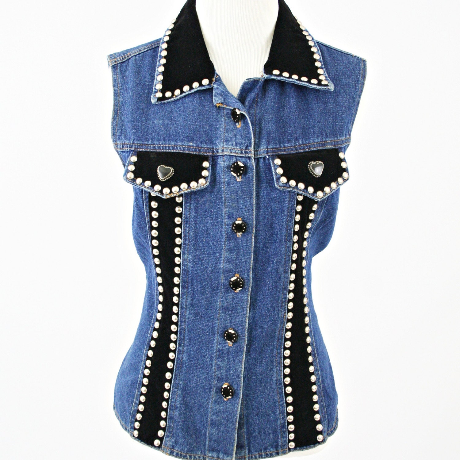 vintage 90s sleeveless STUDDED velvet trim DENIM vest/shirt size M