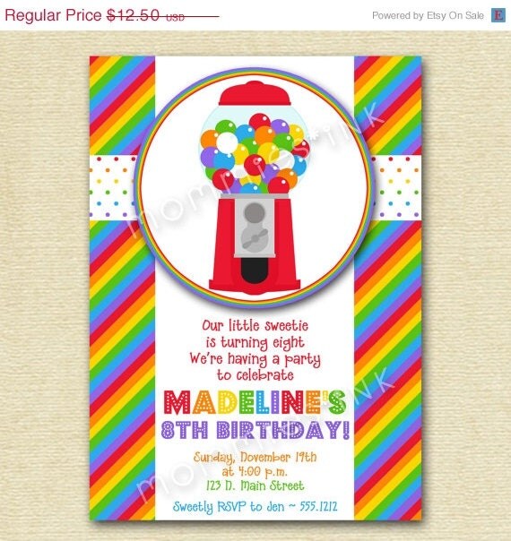 10% Off Holiday Sale Rainbow Bubblegum Birthday Party Invite - PRINTABLE INVITATION DESIGN Il_570xn