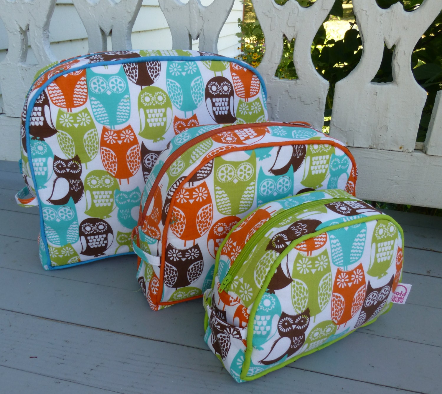 3 COSMETIC BAGS  -  Michael Miller - Swedish Owls Print  - Vinyl interior - Pockets and bound seams - Zippers and piping in matching colors - HolditRightThereBags