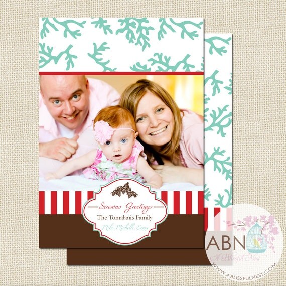 Holiday Christmas Photo Card - Aqua and Red CORAL Preppy STRIPE 5x7 - PRINTABLE - By A Blissful Nest Il_570xn