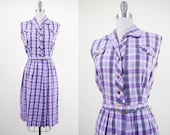 1950s purple plaid cotton day dress / medium large