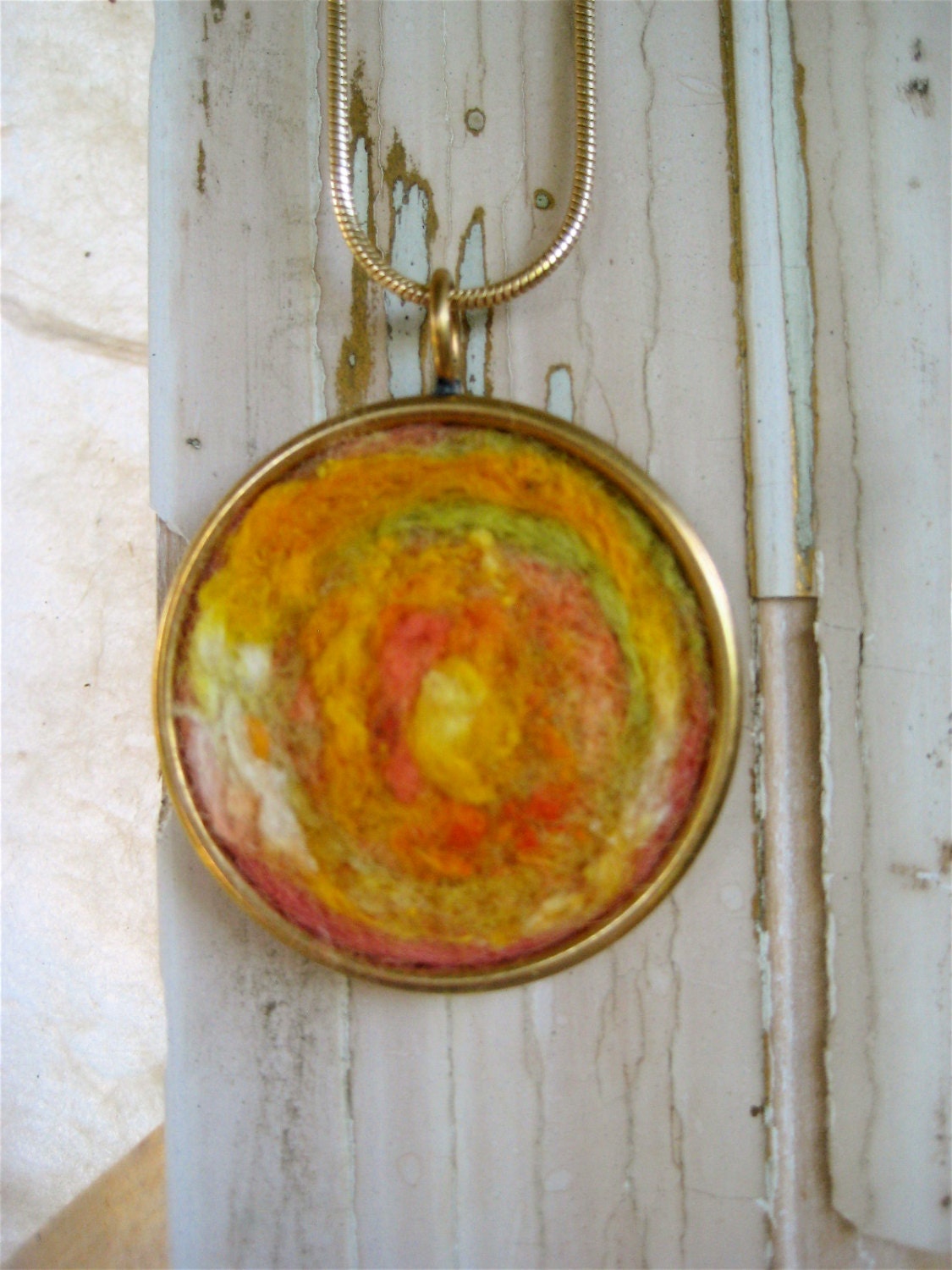 SALE Felted Sun Pendant with Needle Felted Gold and Orange Wool and Silk Fibers on Brass Snake Chain - CatchingWaves