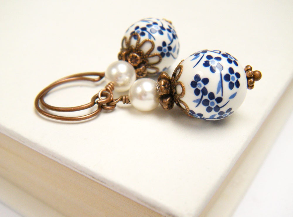 Blue Flower Earrings, Ceramic Earrings, Blue Floral Earrings, Vintage Style, Bridal Party, Bridesmaid Earrings - Dutch Blue Flower Earrings - merryalchemy