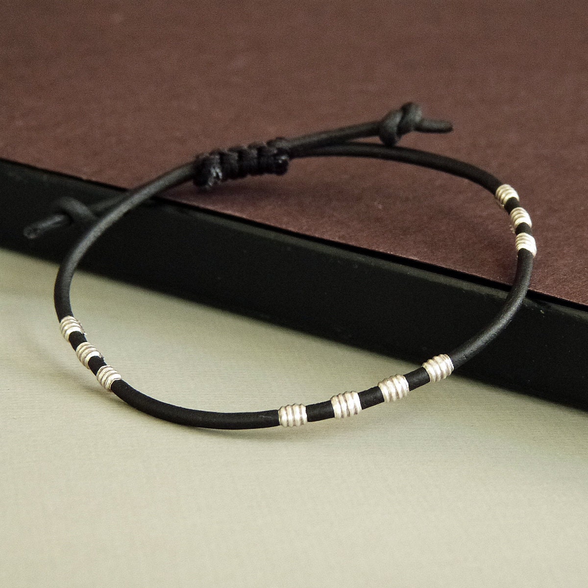 Thin Leather Bracelet for Men / Women with Sterling Silver Adjustable
