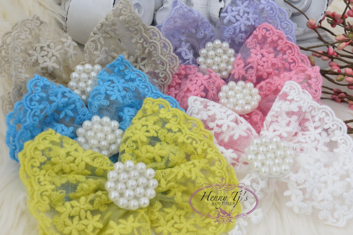 NEW: Set of 6 You Pick Colors - Quinlan Collection Beautiful Lace and Pearls Hair Bow Applique.Hair accessories.Bridal garter. Bridal Sash