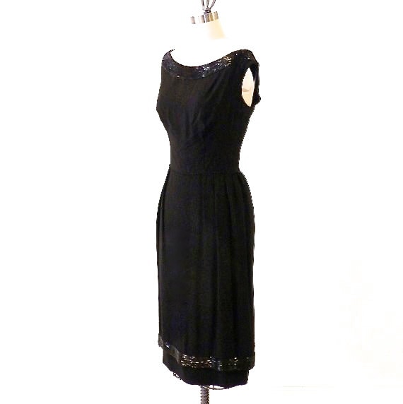 1960s Dress, 60s Cocktail Dress, 60s Beaded LBD by Pat Sandler, Black Silk Rayon Vintage Bombshell Dress