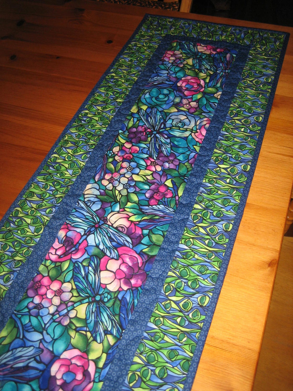 Quilted Table Runner Art Deco Dragonfly Turquoise Purple and Green