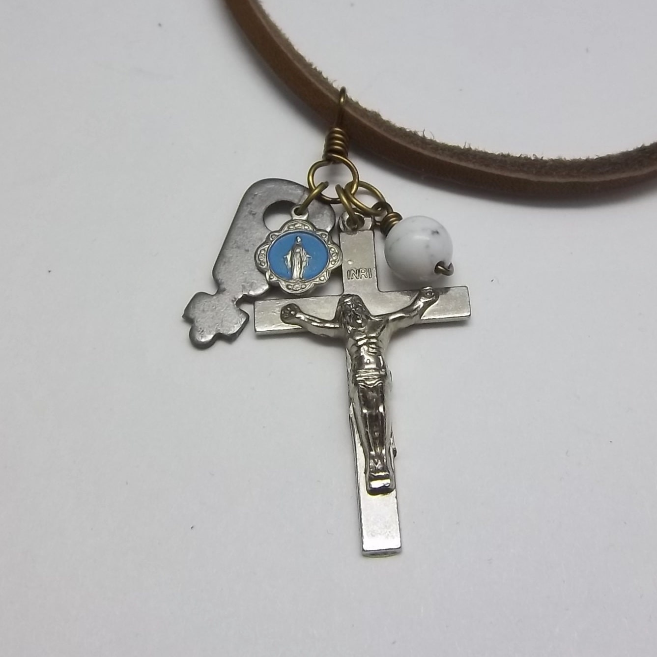 Religious Necklace Assemblage, Crucifix, Mary Medal, Vintage Key, Bead, Handmade