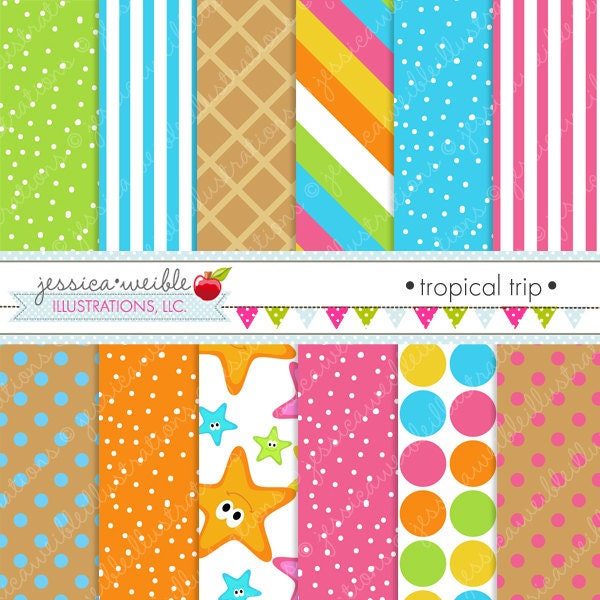 Tropical Trip Cute Digital Papers for Commercial or Personal Use, Summer Patterns, Summer Papers Il_570xn