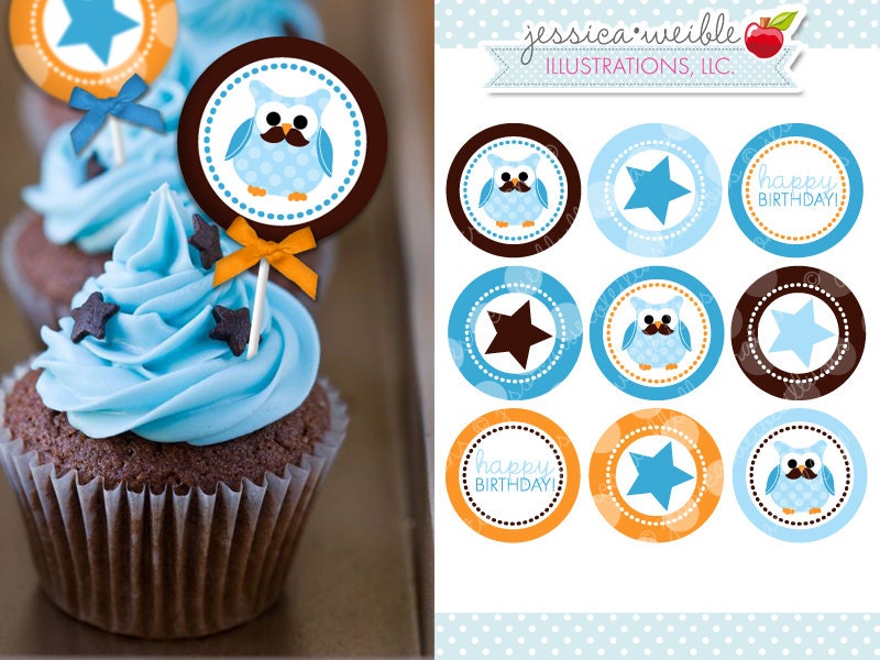 Moustache Owl Blue - Printable Party Tags - Cupake Toppers - Printable Party Favors - Moustache Owl Party Printables Il_570xn