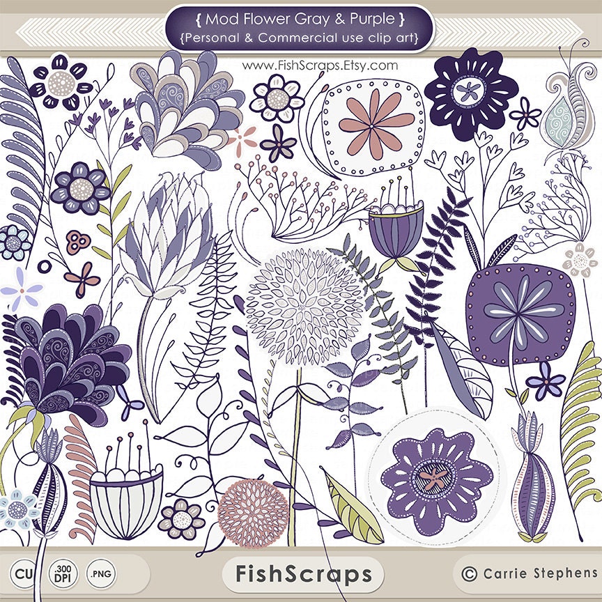 Mod Flower ClipArt - Purple & Gray Digital Clip Art Flowers - Mauve - Laveder - CardMaking - Instant Download - Commercial Use Il_570xn