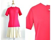 Vintage Drop Waist Dress / 1970s dress / gatsby dress / pink and cream / flapper style / pleated skirt / eileen scott / medium large