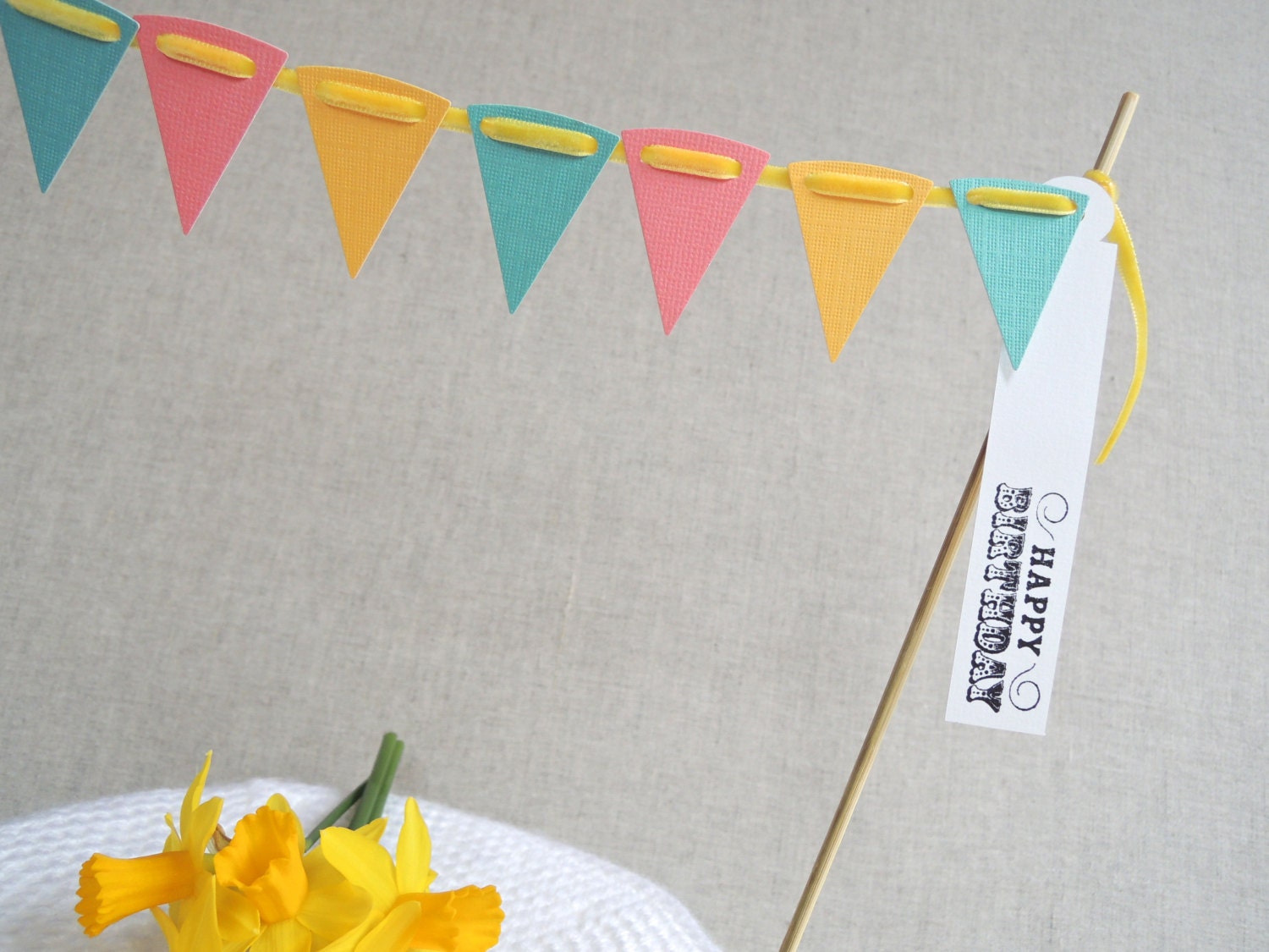 Cake bunting - pink, yellow & aqua made with textured cardstock Choose your own greeting Perfect for Easter parties MADE TO ORDER Il_570xn