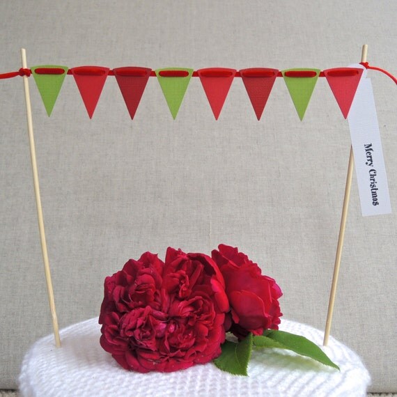Christmas Cake Bunting with greeting label ~ Reds & Green ~ made from textured cardstock. Choose your own greeting MADE TO ORDER Il_570xn