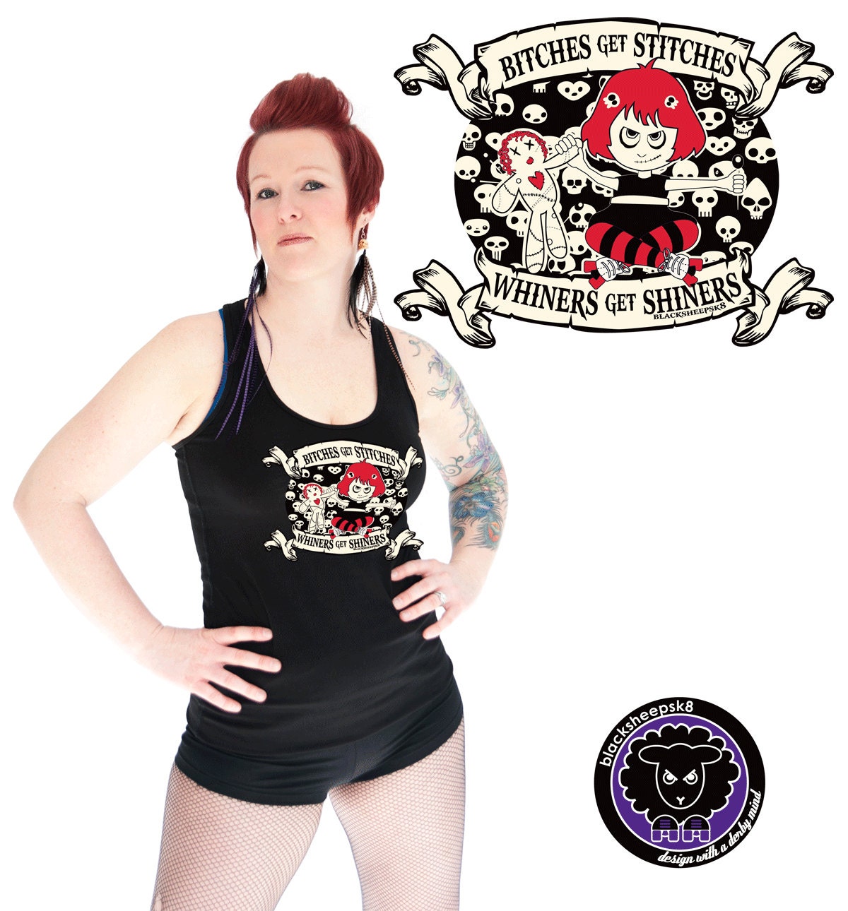 Roller Derby Shirt or Tank Bitches Get Stitches by Lucy D of Black Sheep Sk8