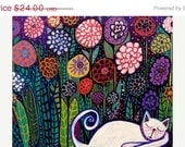 SALE ENDING - 11x14 Cat Art - WHITE Cat Art Print Poster Art of Painting Flower Garden