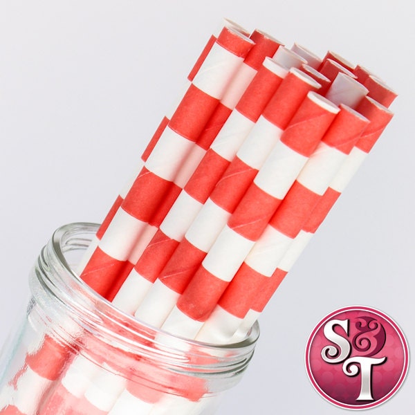 Rugby Stripe Coral Party Paper Straws - Cake Pop Sticks - Pixie Sticks - Qty 25 Il_570xn