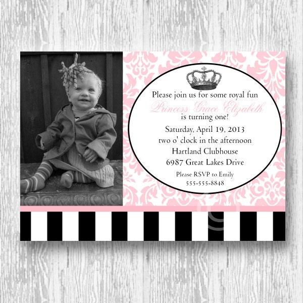Princess Invitation for Birthday Party or Baby Shower - Girls DIY Vintage Tiara Pink Damask Printable Invite by BeeAndDaisy Il_570xn