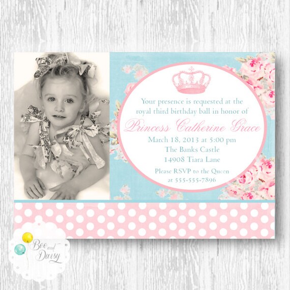 Princess Invitation for Birthday Party or Baby Shower - Girls Rose Shabby Chic DIY Vintage Tiara Printable Invite by BeeAndDaisy Il_570xn