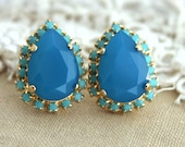 Blue and  turquoise Rhinestones  Crystal big teardrop stud earring - 14k plated gold post earrings real swarovski rhinestones.