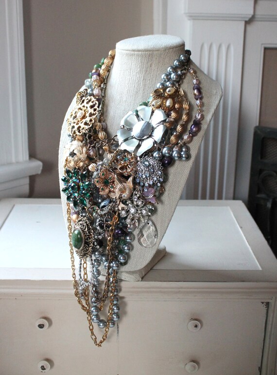 Yvonne. Repurposed Antique Vintage Emerald Jewelry Chains Lucite Swarovski Crystal Rhinestone Chain OOAK Statement Necklace.