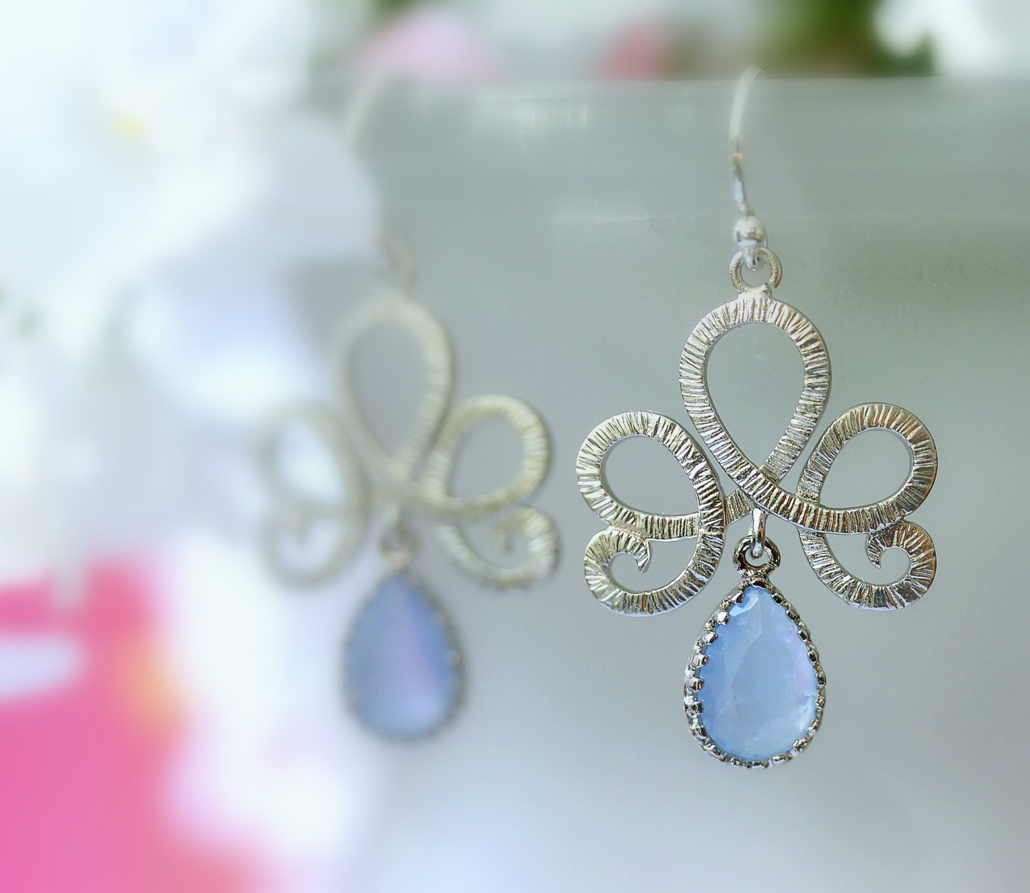 Silver Tiara Earrings, Chandelier Earrings, Drop Earrings, Dangle Earrings, Periwinkle Teardrops, Birthday, Anniversary, Bridal Jewelry