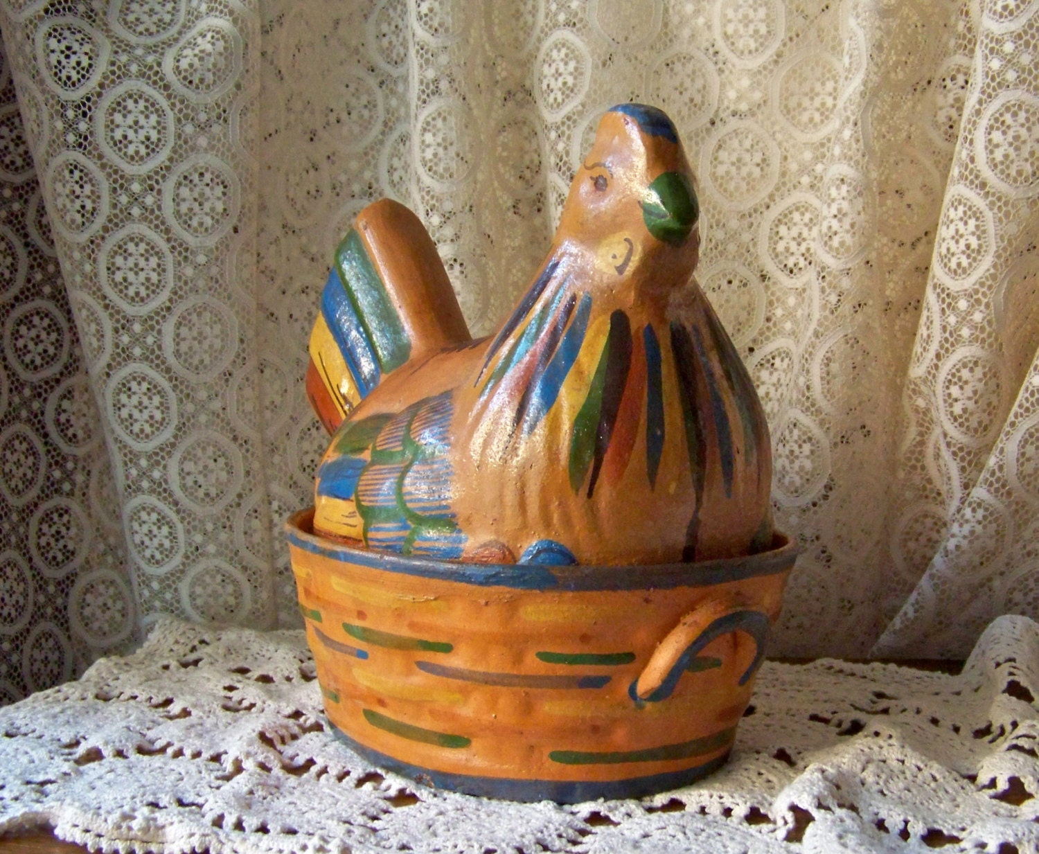 Antique Clay Pottery Chicken Serving Dish Clay by cynthiasattic