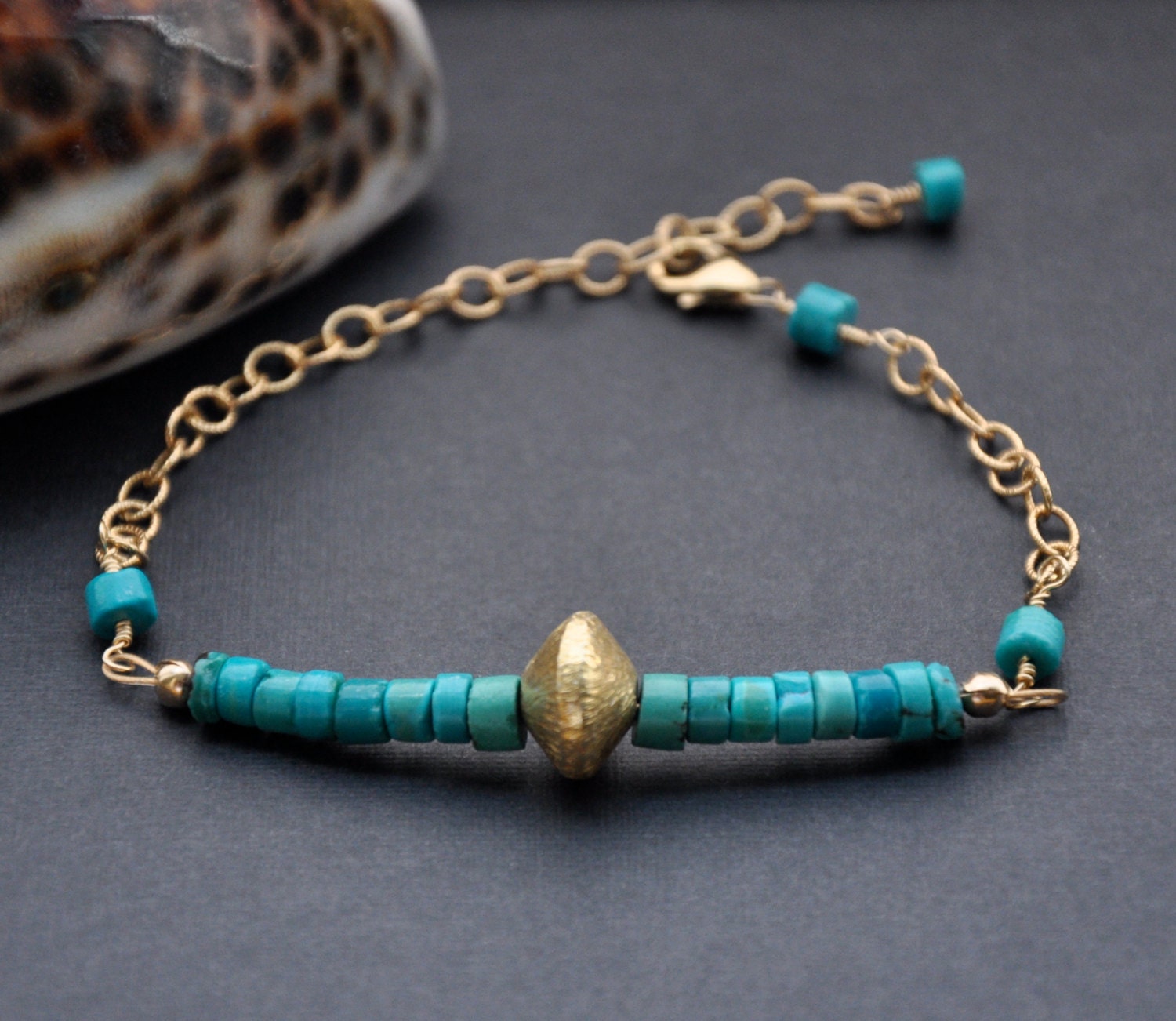 Gold Turquoise Bracelet, Blue Gemstone, Vermeil, Southwest Beaded Jewelry