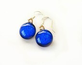 Dichroic glass earrings, fused glass, deep blue drops, sterling silver wires