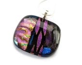Fused glass pendant, pink purple gold dichroic glass pendant necklace