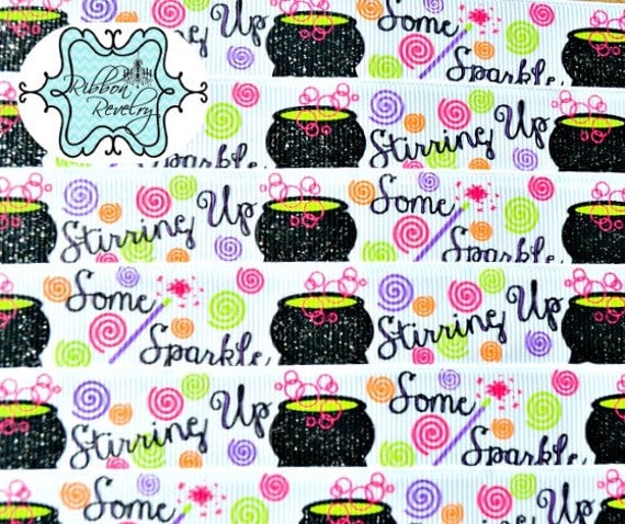 GLITTER Halloween Stirring up some sparkles printed on white 7/8" grosgrain ribbon- Halloween Il_570xn