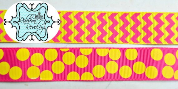 Pink lemonade -Dandelion silly dots & chevron on fuschia 7/8" grosgrain ribbon Il_570xn