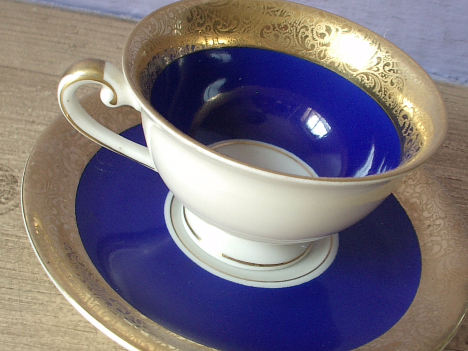 Antique 1940's Alka Kunsta Bavaria Germany tea cup and saucer, blue and gold demitasse tea cup set, porcelain tea set, blue tea set, - ShoponSherman