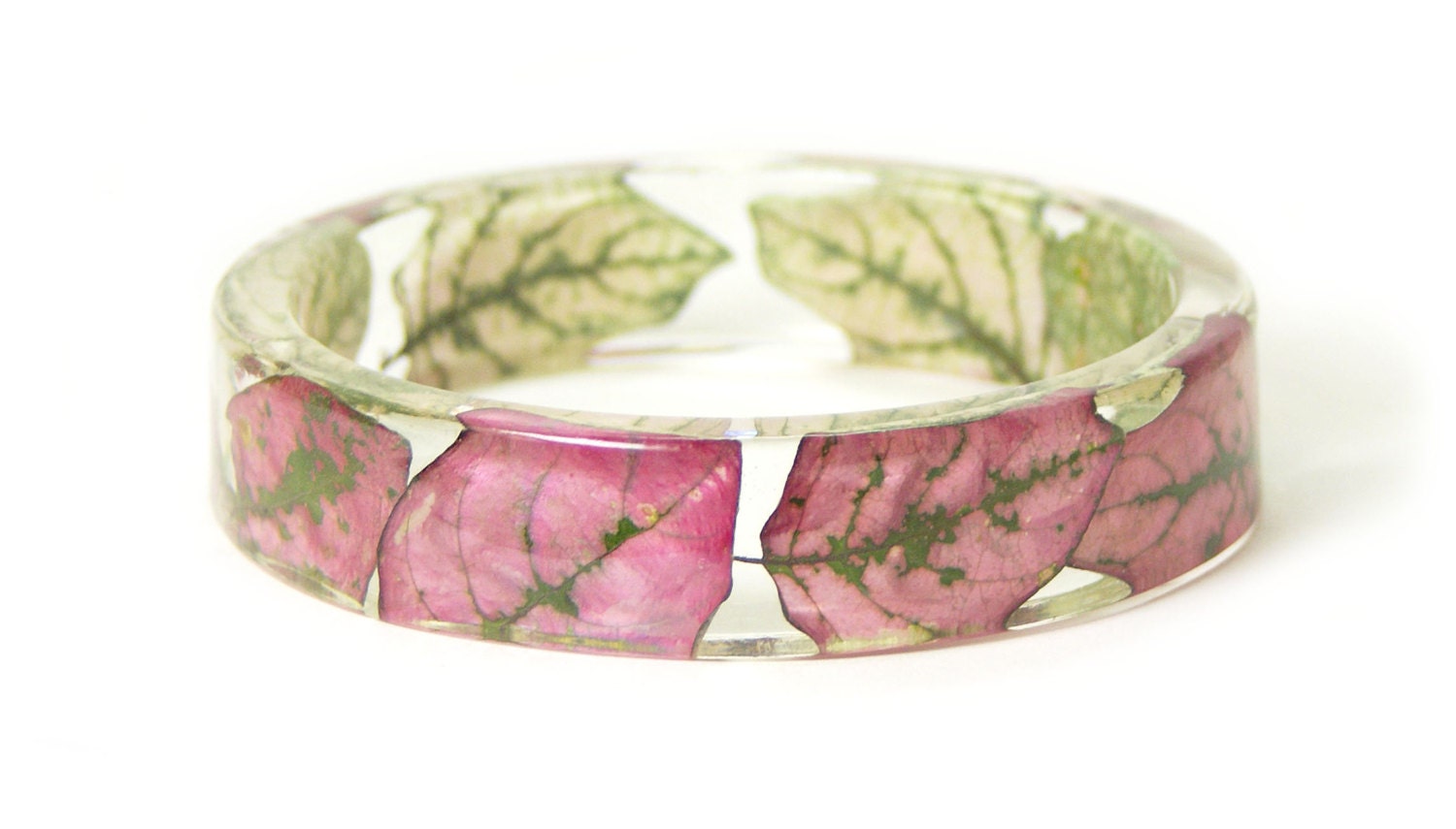 Real Dried Flower and Resin Bangle-Pink and Green Leaf Bracelet--Pink Bracelet- -Resin Jewelry-Flower Jewelry
