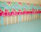 Ruffled Bumperless Crib Bedding. Bright Teal and Hot Pink Teething Guard, Crib Rail Cover and Fitted Crib Sheet. - LinenBaby Ruffled Bumperless Crib Bedding. Bright Teal and Hot Pink Teething Guard, Crib Rail Cover and Fitted Crib Sheet. - LinenBaby