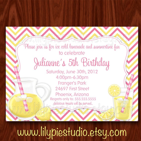 Chevron Pink Lemonade Sunshine Summertime Fun Invitation PRINTABLE DIGITAL FILE Il_570xn