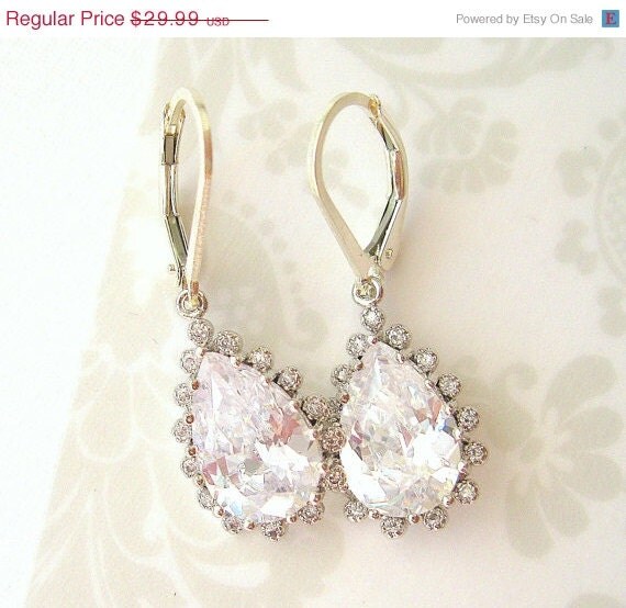 Teardrop CZ and Sterling Dangle earrings - Sparkling white cubic zircon earrings- HAPPY TEARS Hollywood Glam handcrafted wedding jewelry